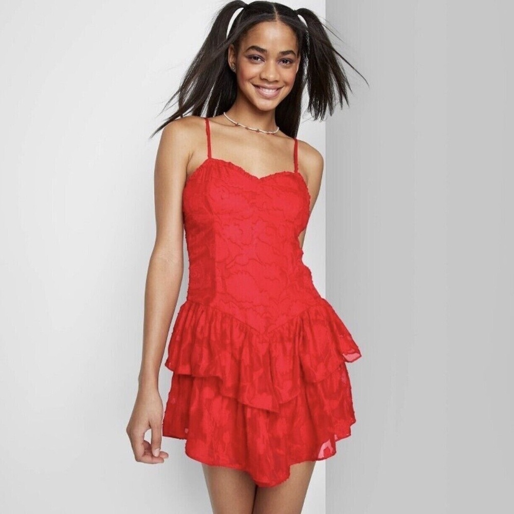 NWOT Wild Fable Size S Red Sleeveless Jacquard Tiered Fit and Flare Dress